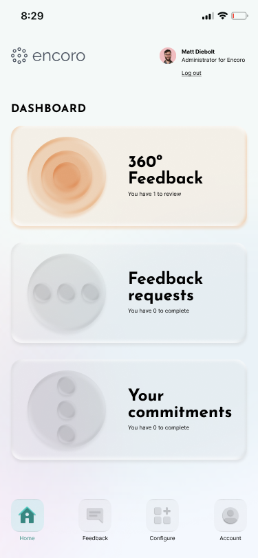 Frosted glass prototype for Encoro mobile feedback dashboard