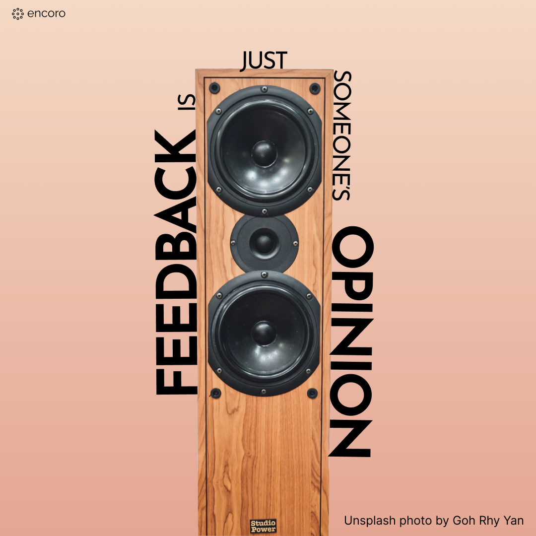 Speaker cabinet with the words 'Feedback is just someone’s opinion' positioned around the edges